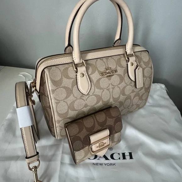 Coach Rowan Satchel BagIn Blocked Signature Canvas And Matching Wallet